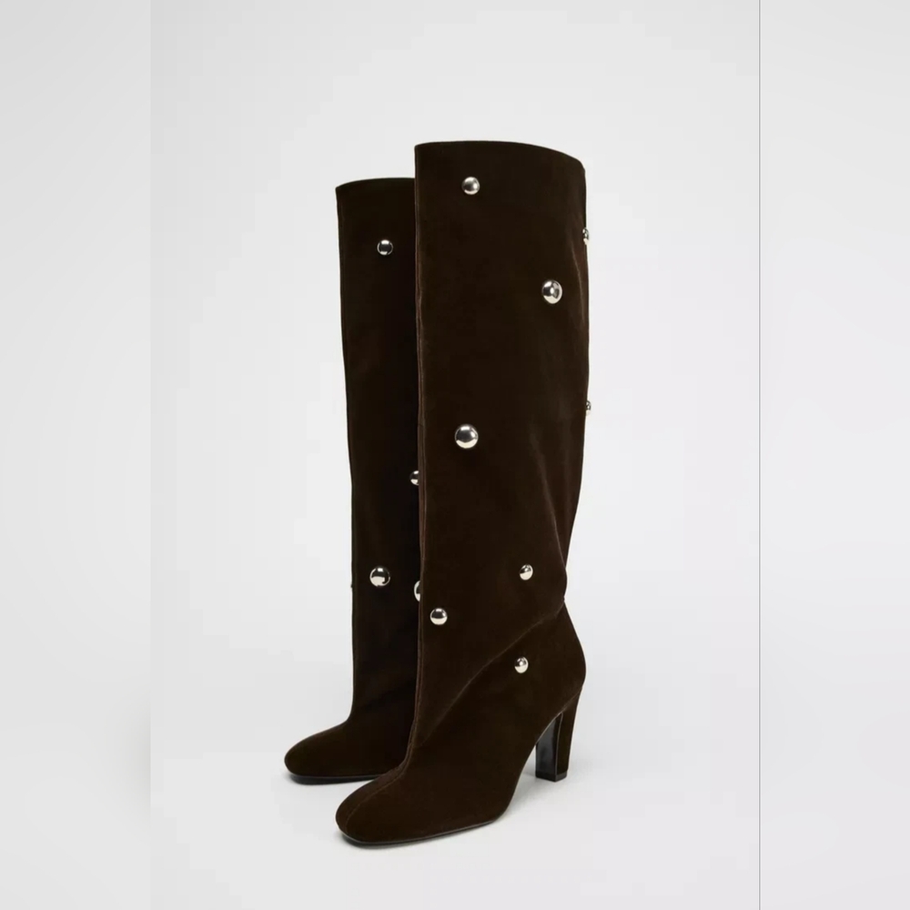 Zara VELVET LOOK STUDDED BOOTS - Brown NWT